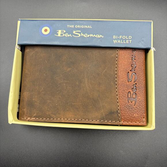 Ben Sherman Embossed Mens Brown Genuine Leather Bifold Wallet NIB - Picture 1 of 14